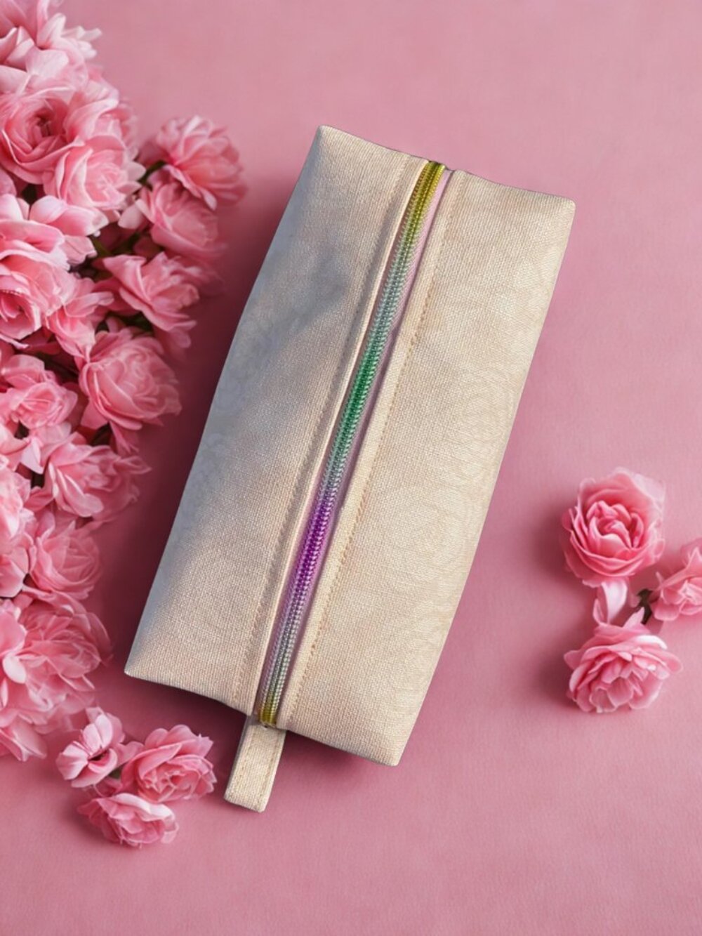 Pink Floral Pattern Cosmetic Bag with Rainbow Zipper
